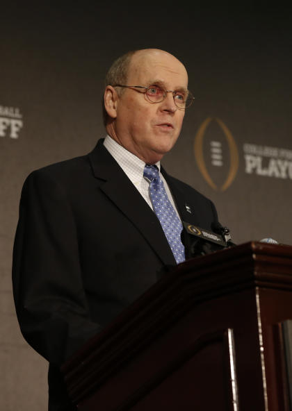 Dec 7, 2014; Grapevine, TX, USA; College football playoff executive director Bill Hancock speaks to the media at the Gaylord Texan Hotel. (Kevin Jairaj-USA TODAY Sports)