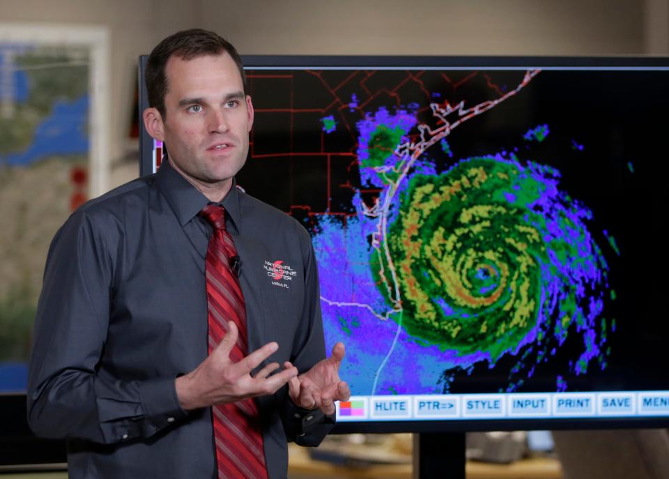Mike Brennan, then-branch chief at the National Hurricane Center, gives an update on Hurricane Harvey as it moves toward the Texas coast, Aug. 25, 2017, in Miami. The National Oceanic and Atmospheric Administration named Brennan as the new director of the National Hurricane Center in Miami.