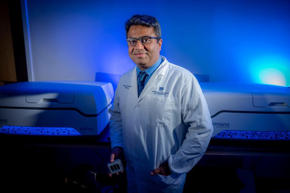 Dr. Ravindra Kolhe, director of the Georgia Esoteric & Molecular Laboratory, with the Bionano Genomics machines used to analyze the genetics of COVID patients to determine if there is a reason why some COVID-19 patients get very sick or die. 1/24/22