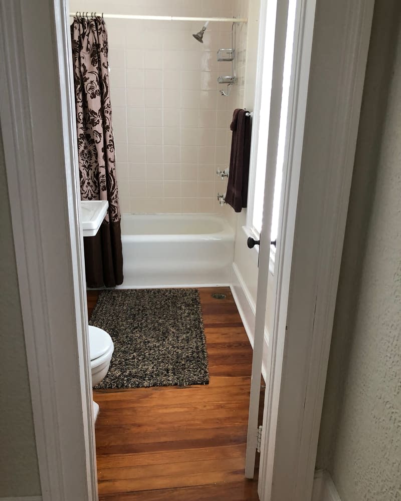 View into bathroom before renovation.