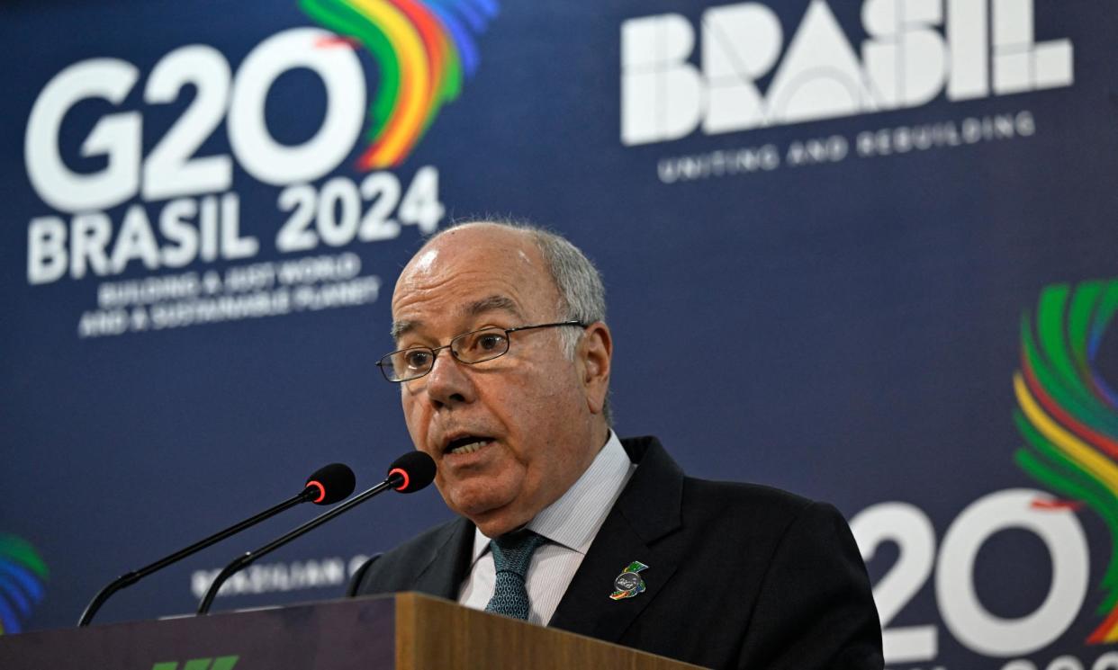 <span>Brazil's foreign minister, Mauro Vieira, speaks during a press conference after the G20 meeting in Rio.</span><span>Photograph: Mauro Pimentel/AFP/Getty Images</span>