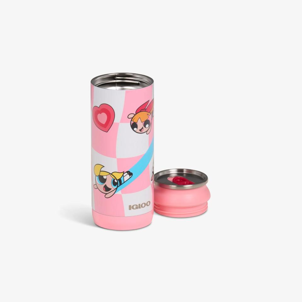 pink and white travel can with powerpuff girls graphics