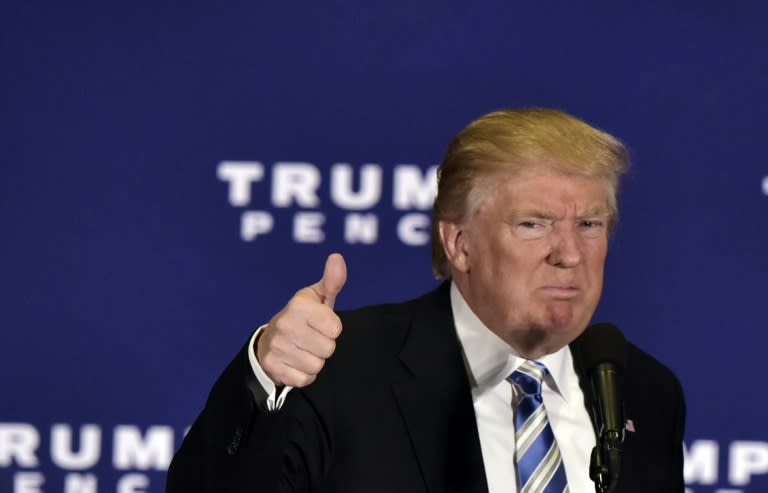 Republican presidential nominee Donald Trump gives the thumbs-up after speaking at a campaign event in Gettysburg, Pennsylvania, on October 22, 2016