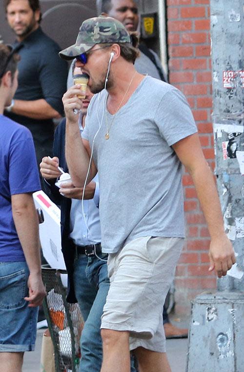 The posse stopped off for a sugar fix, with Leo, 42, snapped tucking into an ice cream as he beat the early summer heat.