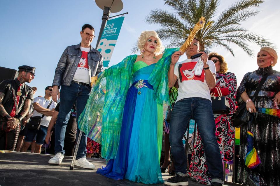William Perez, also known by Bijou, speaks during a rally to protest anti-drag legislation around the country in downtown Palm Springs, Calif., on Tuesday, April 18, 2023. Perez was at the Stonewall riots in 1969 in New York City. 
