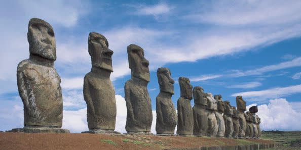 moai statues in a row, ahu tongariki, easter island, chile