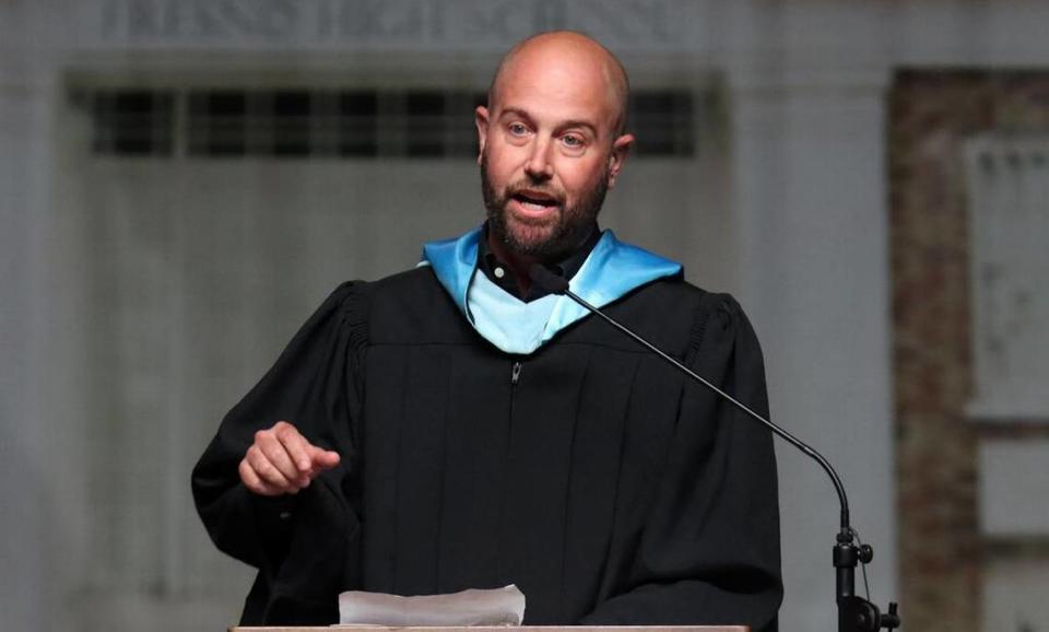 Fresno Unified School District Trustee Andrew Levine encouraged the graduates to return to Fresno during the Fresno High graduation ceremony held at the Save Mart Center on June 5, 2023.