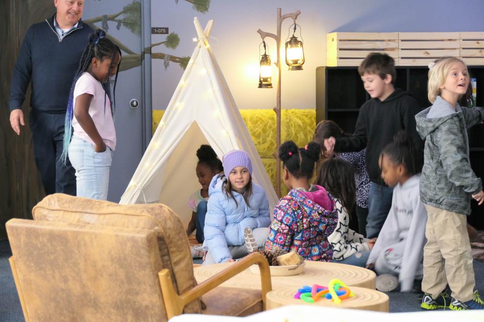 Children explore Shell Elementary's new calm room on Monday.