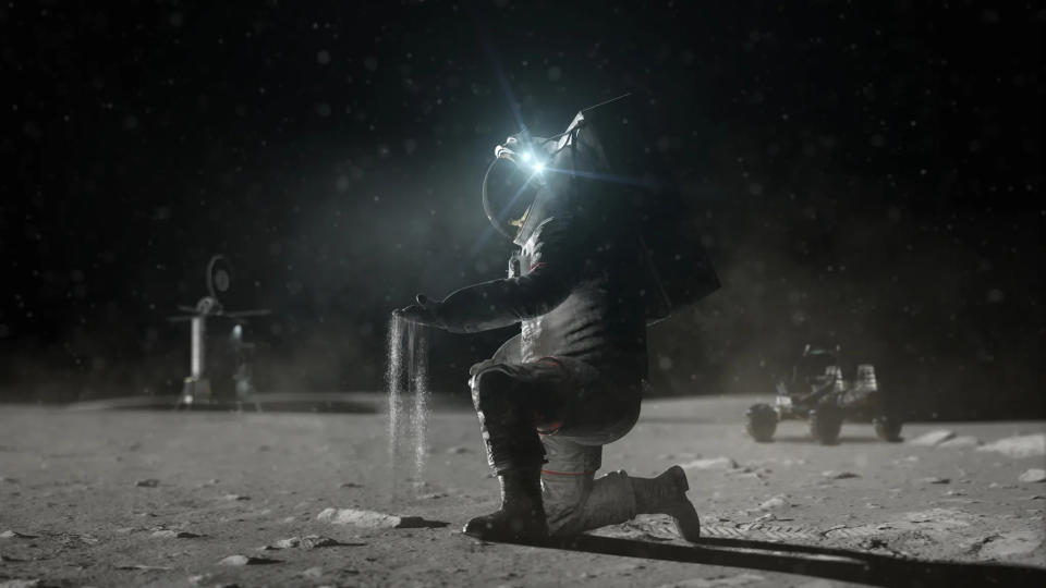 astronaut kneeling on the lunar surface