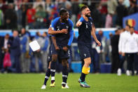 <p>Paul Pogba of France celebrates with teammates Olivier Giroud and Raphael Varane after the 2018 FIFA World Cup Russia Semi Final match between Belgium and France at Saint Petersburg Stadium on July 10, 2018 in Saint Petersburg, Russia. (Photo by Chris Brunskill/Fantasista/Getty Images) </p>