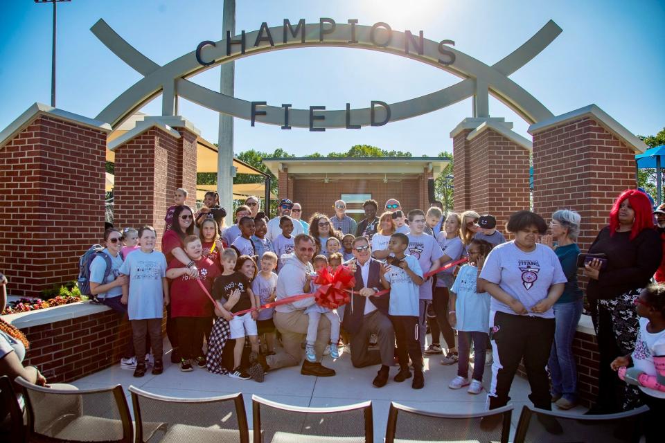 A ceremonial ribbon cutting was held Monday, April 22, 2024, for Champions Field, designed for children with special needs, at the Gadsden Sports Complex. The multimillion dollar complex is a joint project of the City of Gadsden and Gadsden State Community College.