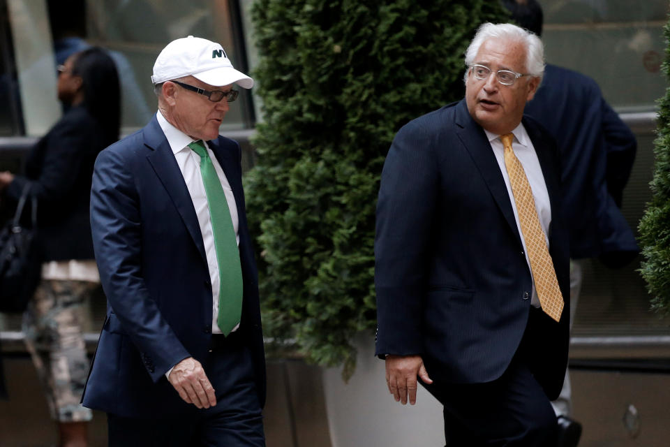 New York Jets owner Robert Wood &quot;Woody&quot; Johnson (L) arrives at the Le Cirque restaurant with others for a fundraising event for Republican presidential candidate Donald Trump in Manhattan, New York City, U.S., June 21, 2016. REUTERS/Mike Segar