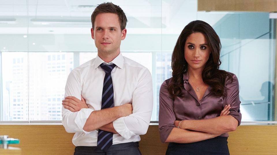Meghan Markle and Patrick J Adams on the set of suits 
