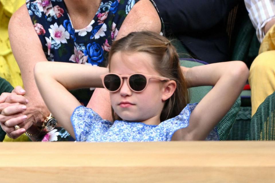 PHOTO: Princess Charlotte watches Carlos Alcaraz vs Novak Djokovic in the Wimbledon 2023 men's final on Centre Court during day fourteen of the Wimbledon Tennis Championships, July 16, 2023, in London. (Karwai Tang/WireImage/Getty Images)