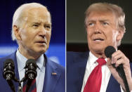 In this combination photo, President Joe Biden speaks May 2, 2024, in Wilmington, N.C., left, and Republican presidential candidate former President Donald Trump speaks at a campaign rally, May 1, 2024, in Waukesha, Wis. President Joe Biden says he won’t participate in the campaign debates sponsored by a nonpartisan commission, instead challenging Republican Donald Trump to a pair of debates. Biden said Wednesday that Trump lost two debates to him in 2020 and since then, he hasn’t shown up for a debate. Biden proposes debating Trump twice. (AP Photo)