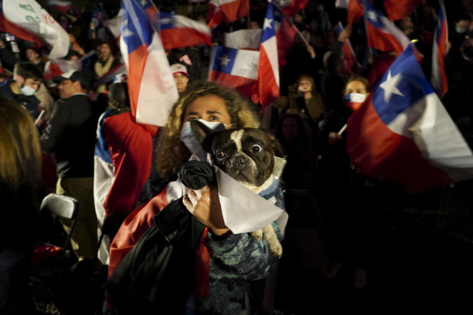 A demonstrator holds a dog during a rally against the proposed new Constitution in Santiago, Chile, Thursday, Sept. 1, 2022. Chileans have until the Sept. 4 plebiscite to study the new draft and decide if it will replace the current Magna Carta imposed by a military dictatorship 41 years ago. (AP Photo/Matias Basualdo)