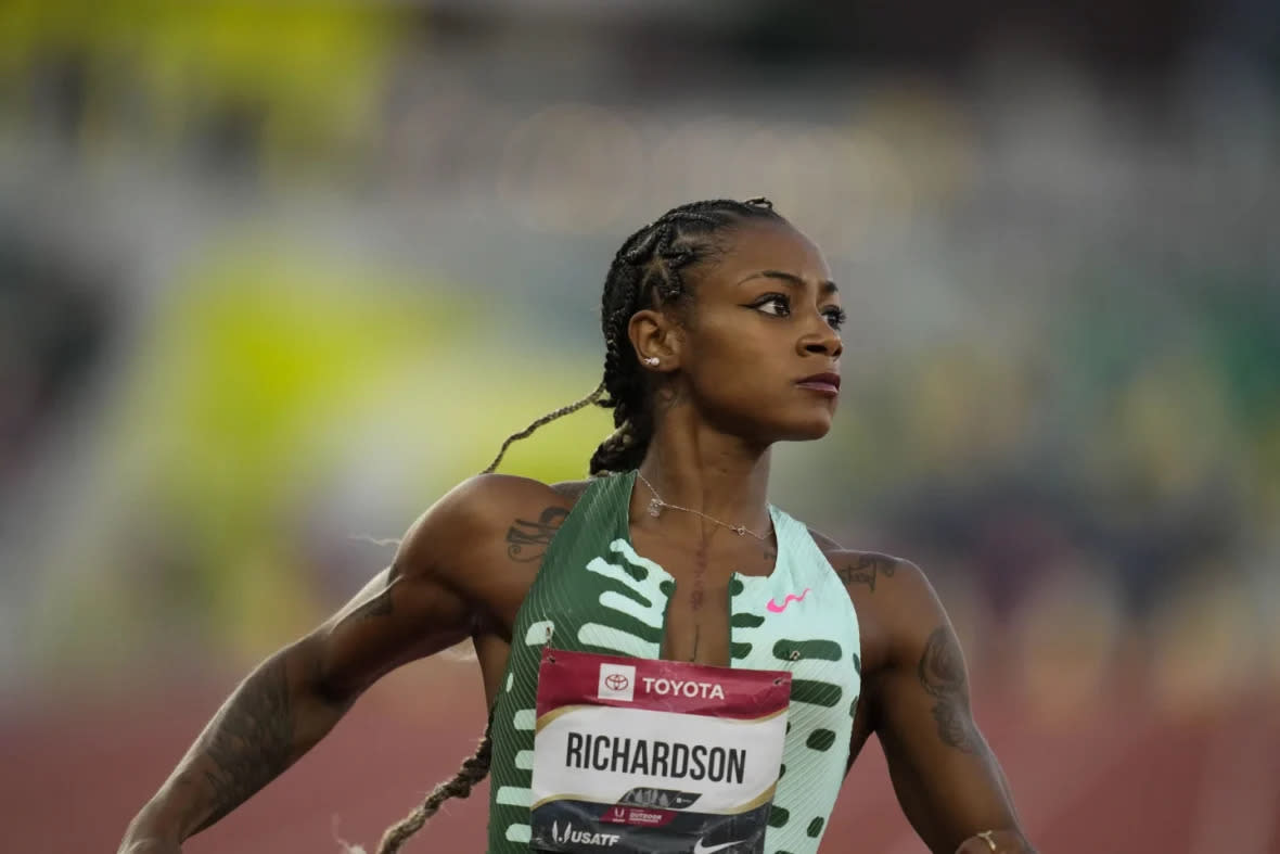 Sha’Carri Richardson wins the women’s 100 meter finals during the U.S. track and field championships in Eugene, Ore., Friday, July 7, 2023. (AP Photo/Ashley Landis)