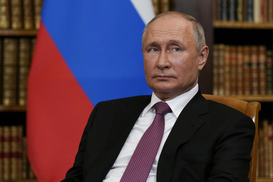 Russian President Vladimir Putin meets with President Joe Biden, Wednesday, June 16, 2021, in Geneva, Switzerland. (AP Photo/Patrick Semansky)