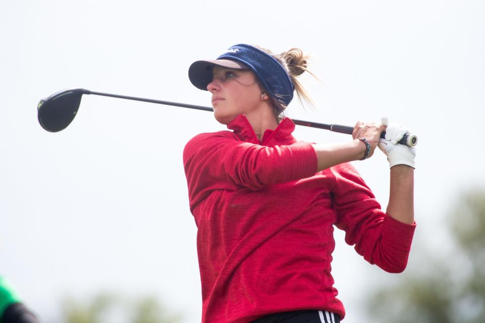 Oregon's Ava Hackman, shown teeing off during the Big Northern Conference Golf Championships on Wednesday, Sept. 22, 2021, at Timber Pointe Golf Club in Poplar Grove, got her season off to a good start last week.