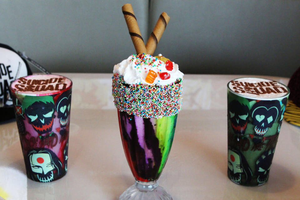 (Middle) “The Joker’s Rainbow Freak Shake” (S$16.90++) reflects the unpredictable nature of the supervillain. This dessert is bound to give you a sugar rush with its sweet vanilla milk, chocolate sauce, gummy bears and rainbow sprinkles. (Sharlene Sankaran / Yahoo Newsroom)