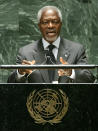 FILE - In this Monday May 2, 2005 file photo U.N. Secretary-General Kofi Annan addresses a conference to review to review the Nuclear Nonproliferation Treaty at the United Nations headquarters in New York. Annan, one of the world's most celebrated diplomats and a charismatic symbol of the United Nations who rose through its ranks to become the first black African secretary-general, has died. He was 80. (AP Photo/Richard Drew, File)