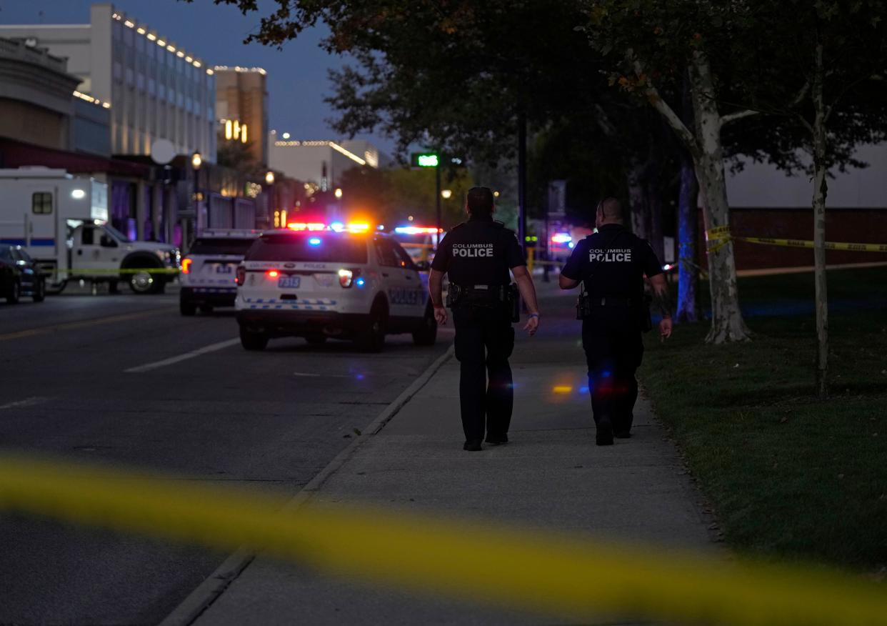 Aug. 27, 2023; Columbus, Oh., USA; 
One person is dead after a shooting at Easton Town Center on Sunday evening, outside the main mall building. Mall stores close at 6 p.m. on Sundays but the movie theater was still open. Sunday was National Cinema Day and AMC Easton 30, the movie theater at the mall, was offering $4 movie tickets all day.