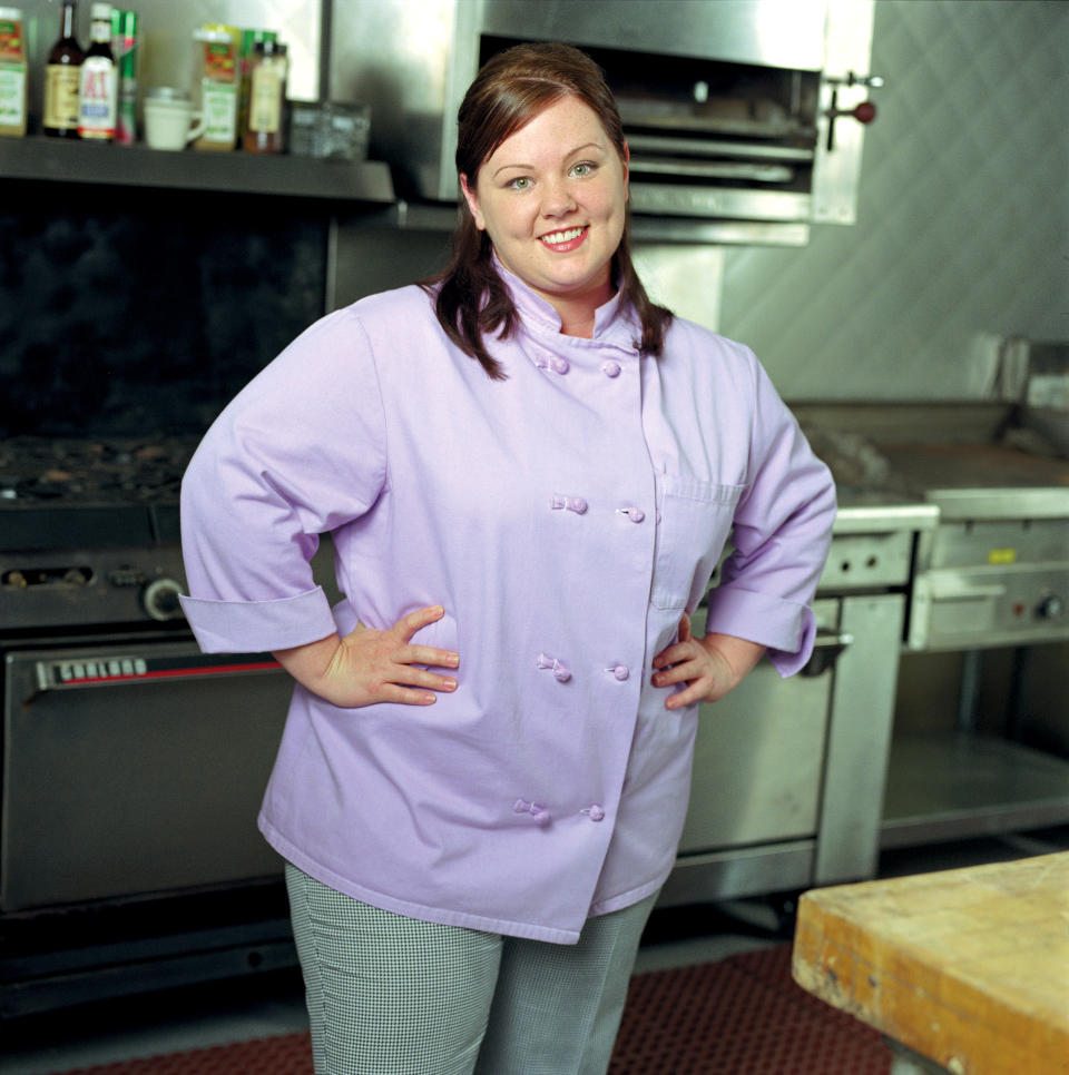 Melissa in. a chef coat as Suki on the "Gilmore Girls" set
