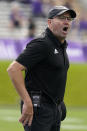 Ohio head coach Tim Albin reacts to a call during the second half of an NCAA college football game against Northwestern in Evanston, Ill., Saturday, Sept. 25, 2021. Northwestern won 35-6. (AP Photo/Nam Y. Huh)