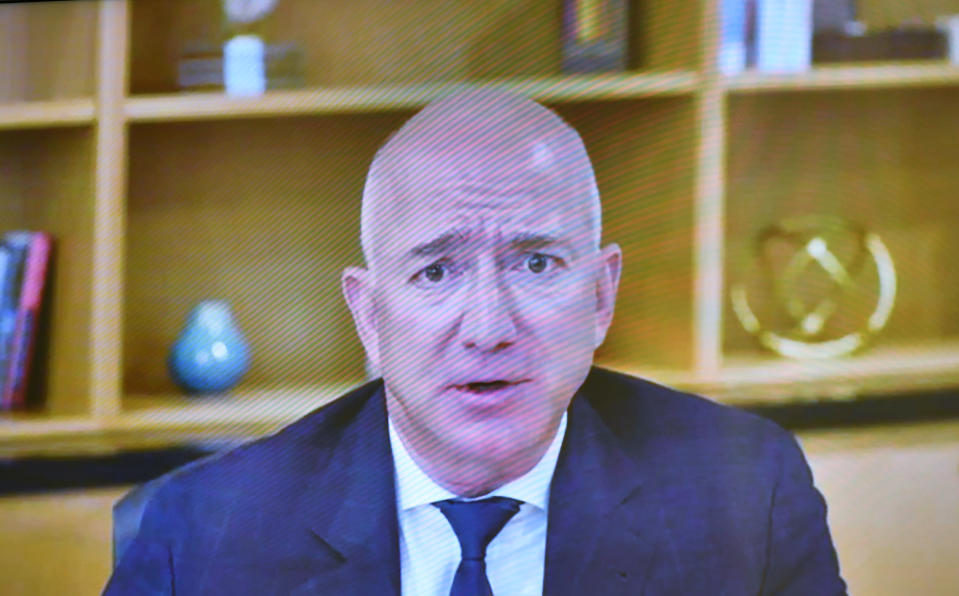 Amazon CEO Jeff Bezos is seen on a screen as he testifies before the House Judiciary Subcommittee on Antitrust, Commercial and Administrative Law on "Online Platforms and Market Power" in the Rayburn House Office Building on Capitol Hill in Washington, DC on July 29, 2020.  Mandel Ngan/Pool via REUTERS