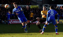 Soccer Football - FA Cup Third Round - Newport County AFC vs Leeds United - Rodney Parade, Newport, Britain - January 7, 2018 Newport County's Scot Bennett shoots at goal REUTERS/Rebecca Naden