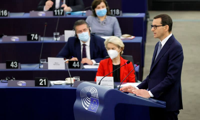 Polish PM and EU chief executive in debate on Poland's challenge to the supremacy of EU laws, in Strasbourg