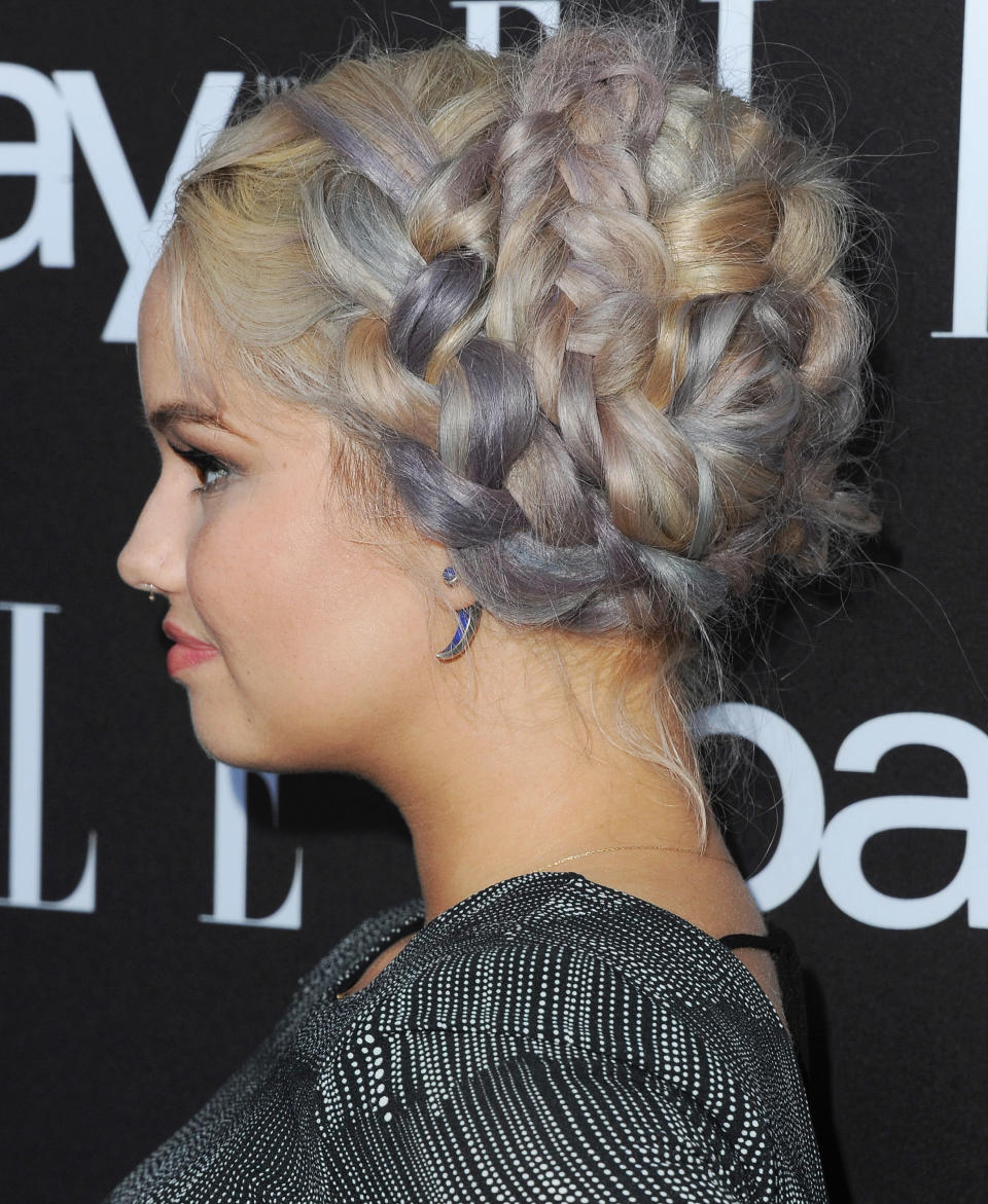 Debby Ryan </br> <em>Hair color powder is an easy way to get this intricate braided updo without the commitment of a permanent hair dye. </em>