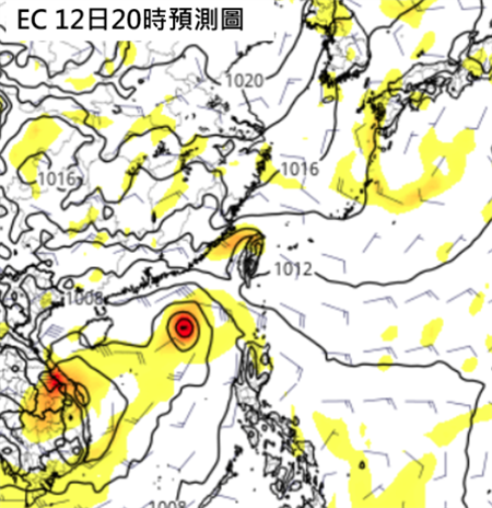 最新歐洲中期預報中心(ECMWF)模式模擬周日(11日)南海還有熱帶擾動發展，雖不直接影響台灣，但台灣東側水氣因此增多。(圖擷自tropical tidbits)