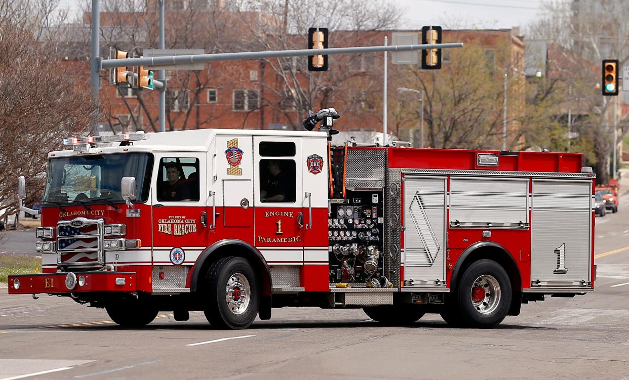 A fire engine with the Oklahoma City Fire Department leaves Station 1 in this 2020 file photo.