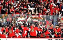 May 23, 2017; Ottawa, Ontario, CAN; Ottawa Senators players and fans react to a goal by forward Mike Hoffman (not pictured) against Pittsburgh Penguins in the third period in game six of the Eastern Conference Final of the 2017 Stanley Cup Playoffs at Canadian Tire Centre. Mandatory Credit: Dan Hamilton-USA TODAY Sports