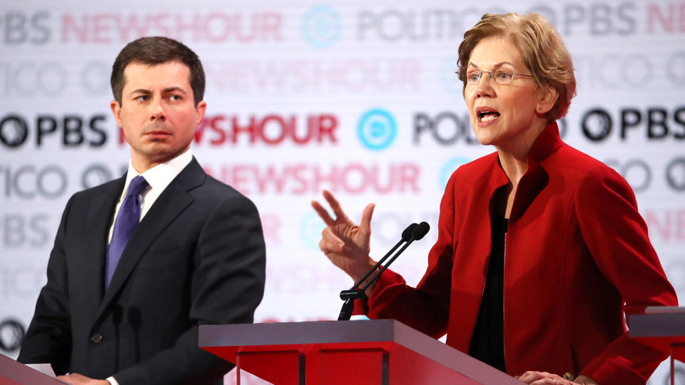 Pete Buttigieg, left, and Elizabeth Warren