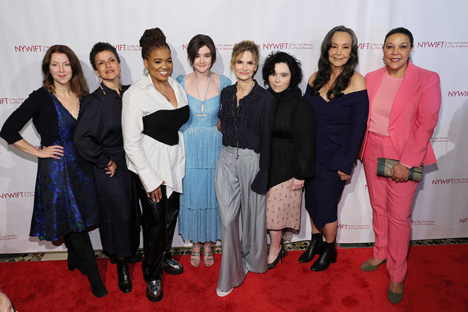 (L-R) Raney Aronson-Rath, Michèle Stephenson, Latasha Gillespie, Millicent Simmonds, Kyra Sedgwick, Alex Borstein, Tantoo Cardinal and Linda Powell attend the New York Women in Film and Television's 44th Annual Muse awards at Cipriani 42nd Street on March 27, 2024 in New York City.