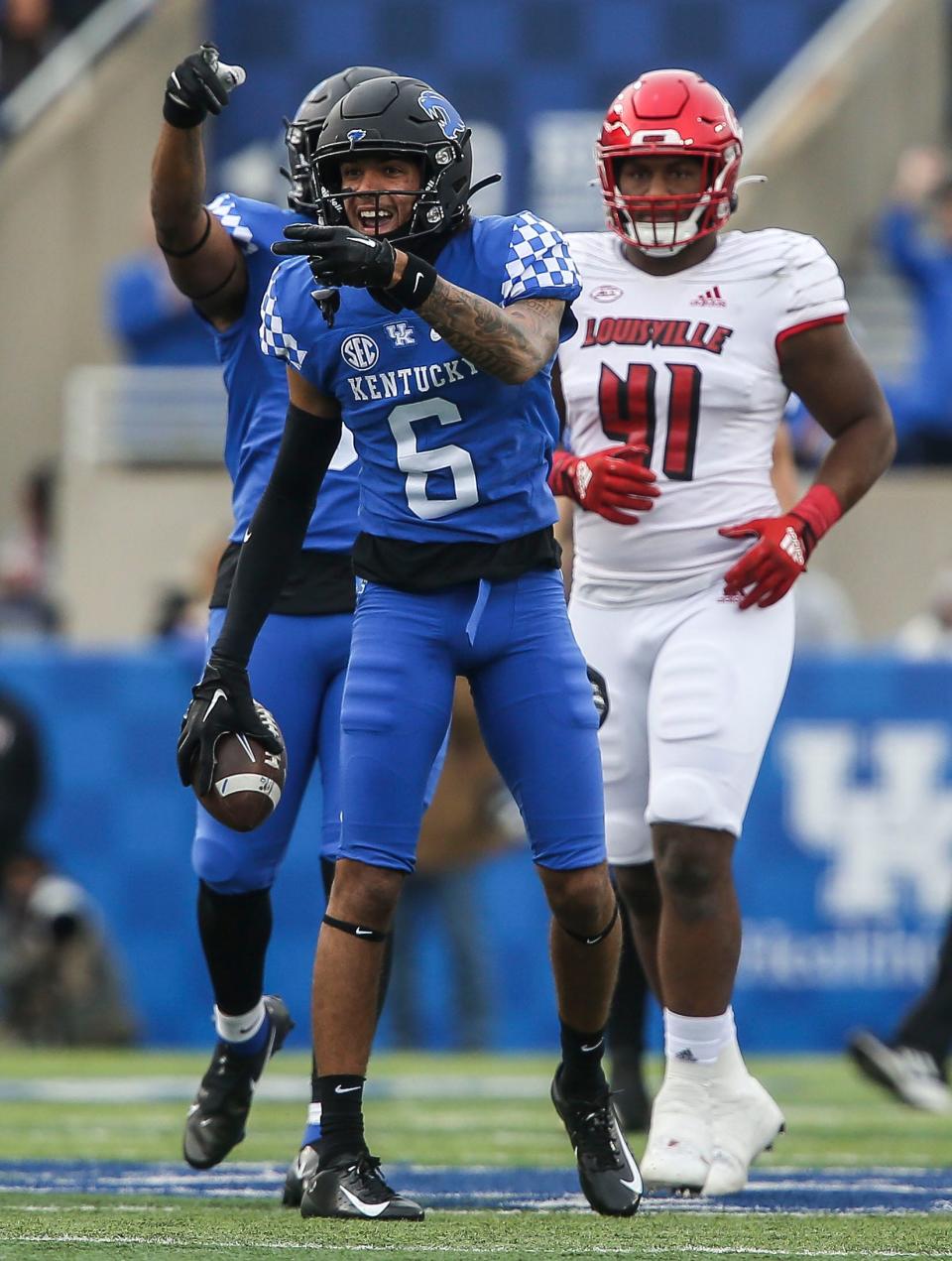 Kentucky wide receiver Dane Key (6) gestures for a first down after making a reception for a gain in the Governor's Cup game against Louisville. Nov. 26, 2022