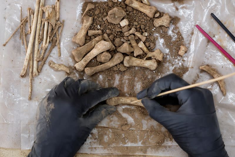 Restorer Rocio Moron from Tibicena, an archaeology company, works with human remains, after being unearthed in a cave on the island of Gran Canaria