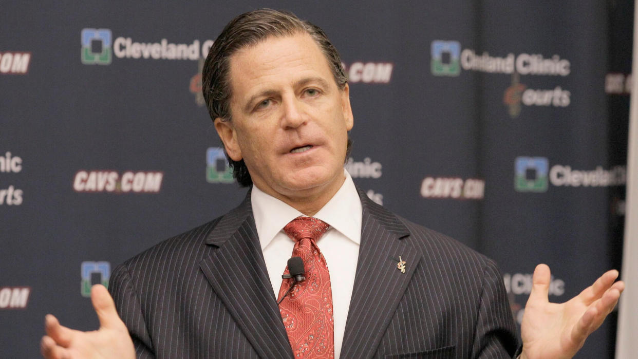 Mandatory Credit: Photo by Amy Sancetta/AP/Shutterstock (6325095f)Dan Gilbert Cleveland Cavaliers owner Dan Gilbert talks with the media at a press availability at the Cleveland Clinic Courts in Independence, Ohio onCavaliers-Izzo, Independence, USA.