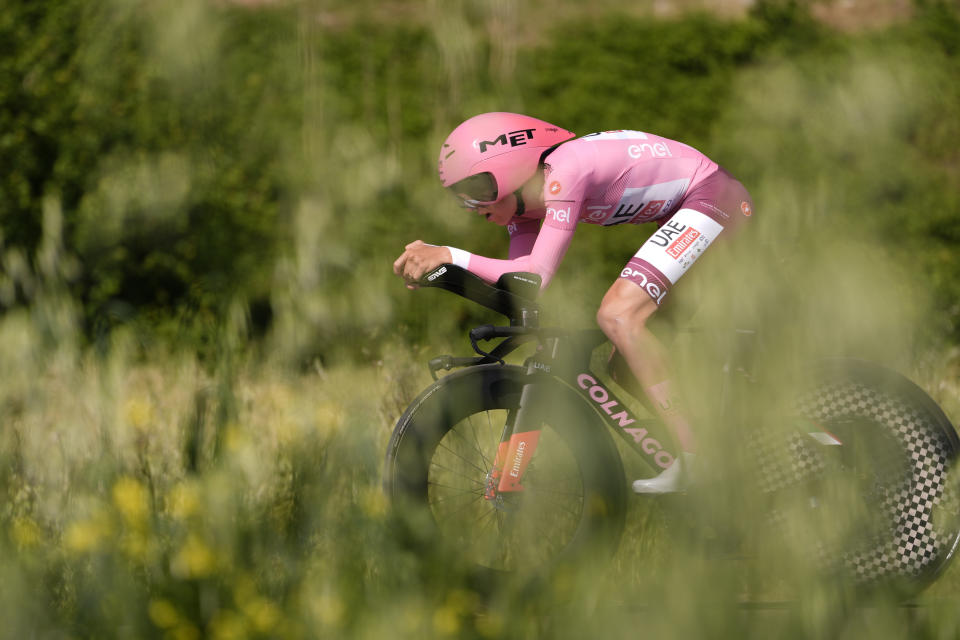 Slovenia's Tadej Pogacar pedals on his way to win the stage 7 of the of the Giro d'Italia, Tour of Italy cycling race, a time trial from Foligno to Perugia, Friday, May 10, 2024 (Fabio Ferrari/Lapresse)/LaPresse via AP)