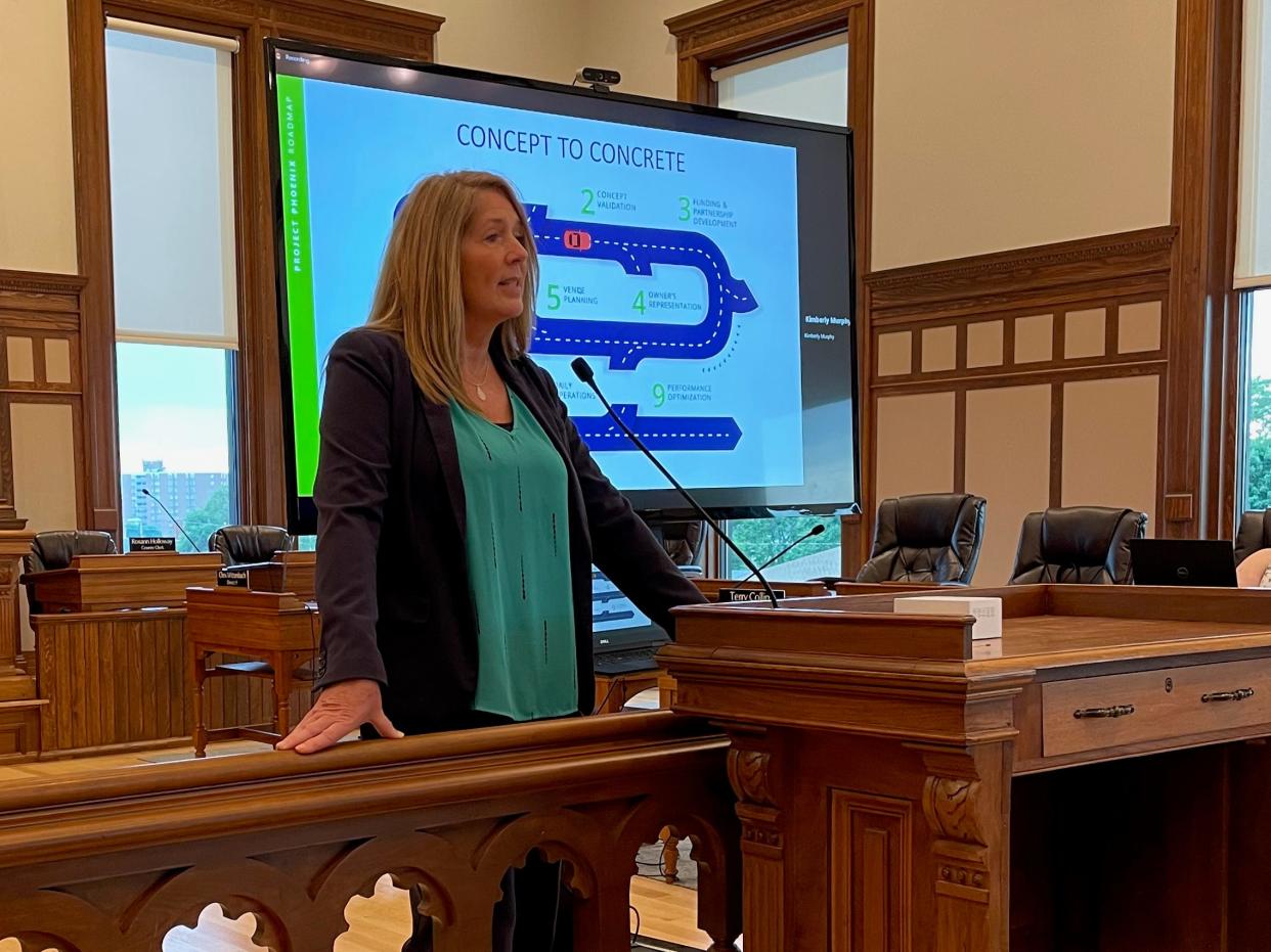 Lenawee County Administrator Kim Murphy responds to questions Monday evening during a presentation on Project Phoenix.