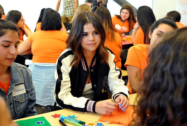 Selena Gomez and Coach surprise Step Up teens at high schools on March 23, 2017, in Los Angeles, Calif. (Photo: Donato Sardella/Getty Images for Coach)