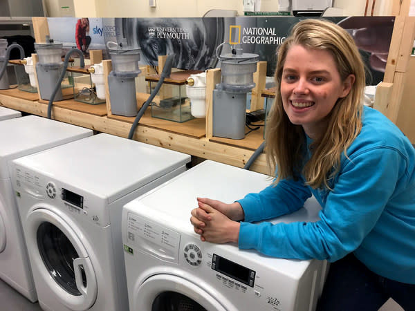 Dr Imogen Napper at the University of Plymouth’s International Marine Litter Research Unit. New research shows XFiltra, a washing machine filter from the UK firm Xeros Technology Group, designed to prevent microfibre pollution from laundry, is the most effective device for preventing microfibres being released from washing machines.