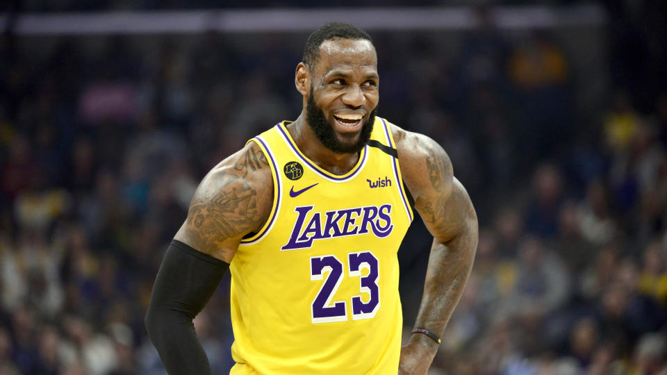 Los Angeles Lakers forward LeBron James (23) reacts in the second half of an NBA basketball game against the Memphis Grizzlies Saturday, Feb. 29, 2020, in Memphis, Tenn. (AP Photo/Brandon Dill)