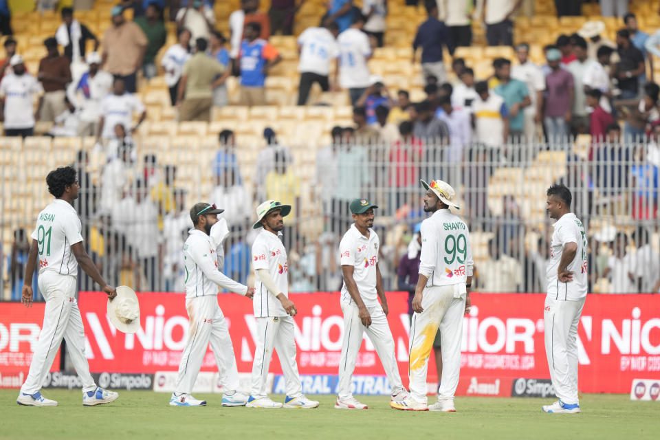 Bangladesh's captain Najmul Hossain Shanto, second from right, along with his teammates leave the field at the end of the second day of the first cricket test match between India and Bangladesh, in Chennai, India, Friday, Sept.20, 2024. (AP Photo/Mahesh Kumar A.)