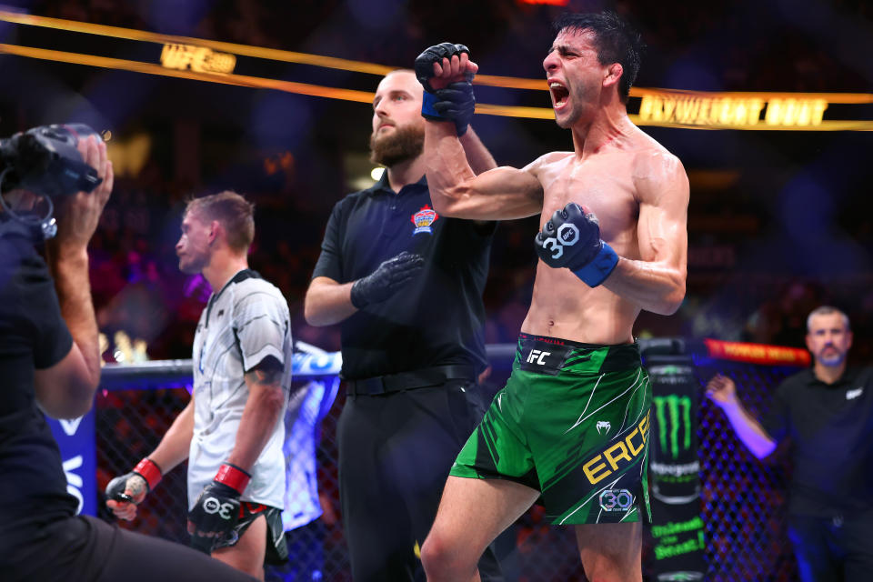 Jun 10, 2023; Vancouver, BC, Canada; Stephen Erceg reacts after being declared the winner by decision against David Dvorak during UFC 289 at Rogers Arena. Mandatory Credit: Sergei Belski-USA TODAY Sports