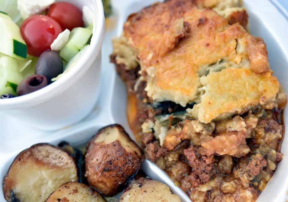 Moussaka with Greek salad and Greek potatoes the St. Barbara Greek Orthodox Church's Annual Greek Festival, aka "The Glendi."