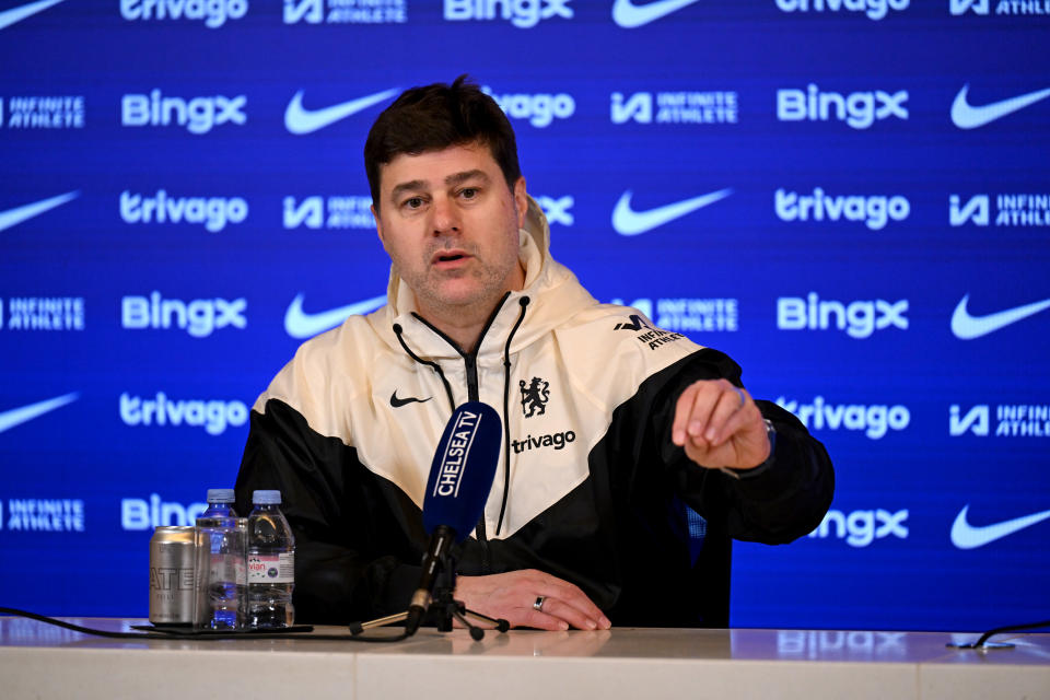 COBHAM, ENGLAND - FEBRUARY 23: Head Coach Mauricio Pochettino of Chelsea during a press conference at Chelsea Training Ground on February 23, 2024 in Cobham, England. (Photo by Darren Walsh/Chelsea FC via Getty Images)