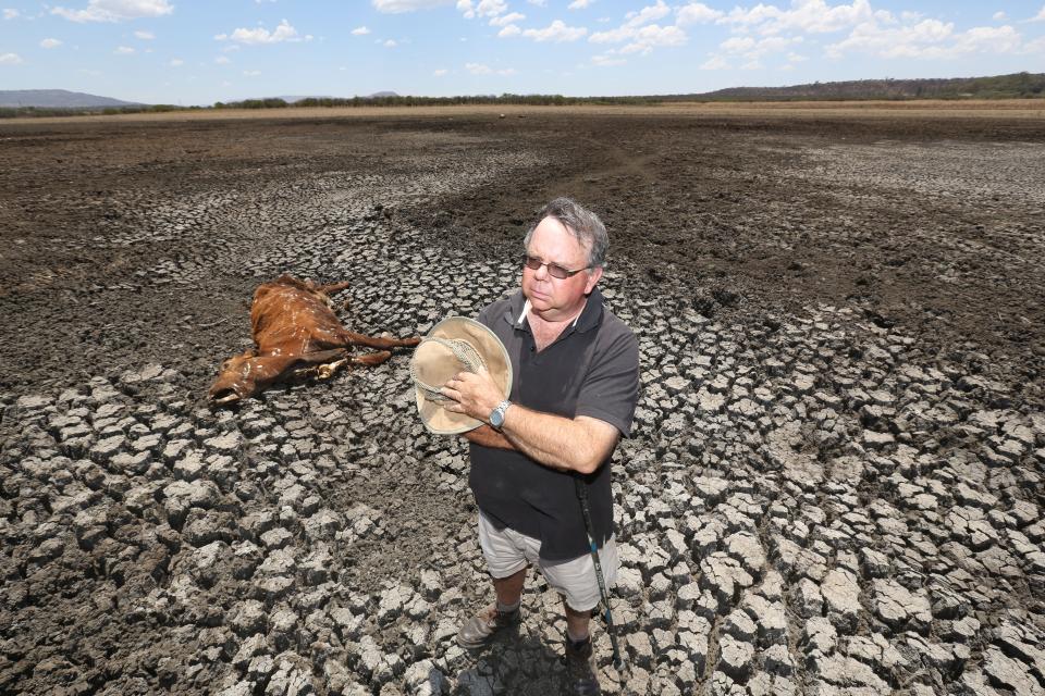 LADYSMITH, SOUTH AFRICA  NOVEMBER 11(SOUTH AFRICA OUT): Cattle farmer Owen Geekie stands next to a remaining puddle of what used to be his 200 000 cubic metre dam on November 11, 2015 in Ladysmith, South Africa. The Northern districts of KwaZulu-Natal have been severely affected by what is considered as the worst drought since 1992. Livestock has died due to water shortages and grass because of the hot weather conditions. (Photo by Jackie Clausen/Sunday Times/Gallo Images/Getty Images)